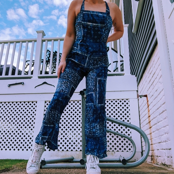 Pants - Blue patterned crossback jumpsuit